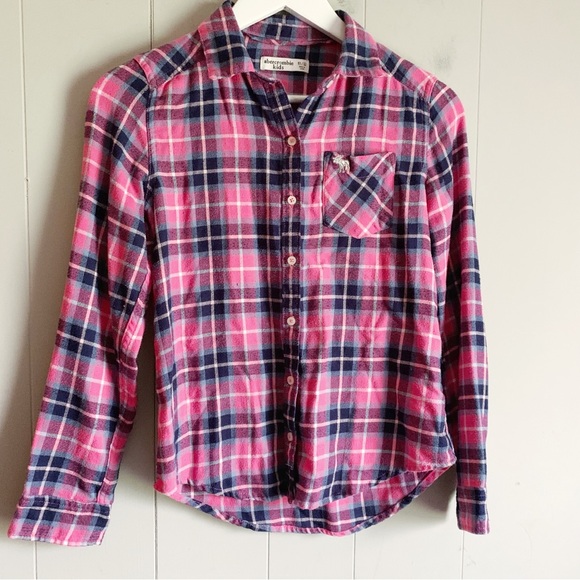 ABERCROMBIE KIDS Pink Navy Plaid Flannel Button Down Shirt 11/12 - Picture 1 of 4